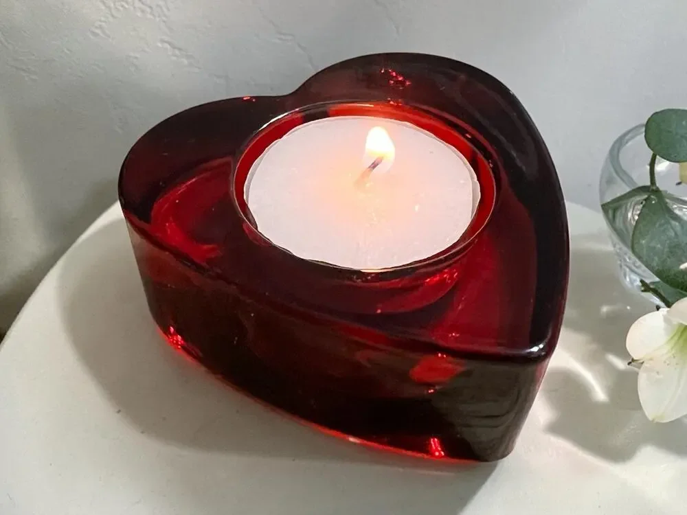 Red Glass Heart Shaped Votive/Tealight Candle Holder 2.75